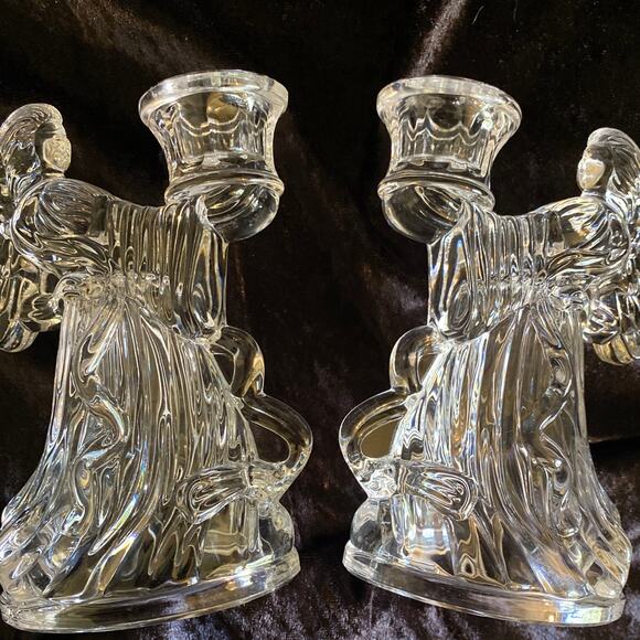 Pair Cherub Angel Candlestick Holders Mikasa Lead Crystal Clear Vintage Decor 2 - Picture 4 of 11